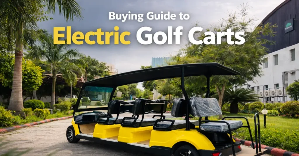 a 8 SEATER ELARA GOLF CART IN FRONT OF WAREHOUSE